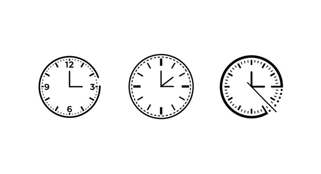 Three Analog Clock Faces Showing Different Times Clearly.