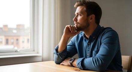 Fototapeta premium Man sitting by window looking thoughtful.