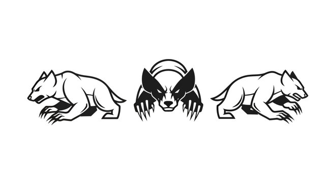 Tribal Wolf and Abstract Skull Line Art Design Elements.