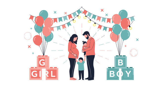 Pregnant woman and her husband with children celebrating a gender reveal party with pink and blue balloons and blocks.