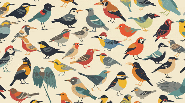 Vector illustration of a repeating pattern of birds in a flat design style, featuring stylized motifs on a fabric-like texture, with bold lines