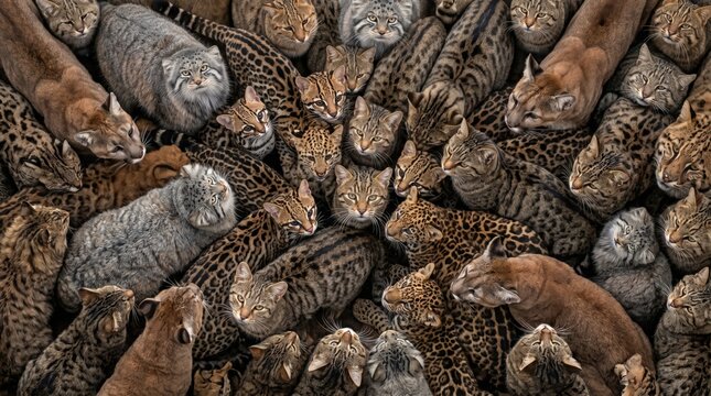 A dense, overhead view of a large group of diverse wild cats including pumas, ocelots, and Pallas's cats with varied fur patterns and colors