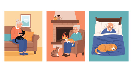 Fototapeta premium Elderly people enjoying quiet moments at home with their beloved cats and dogs in various cozy domestic settings.