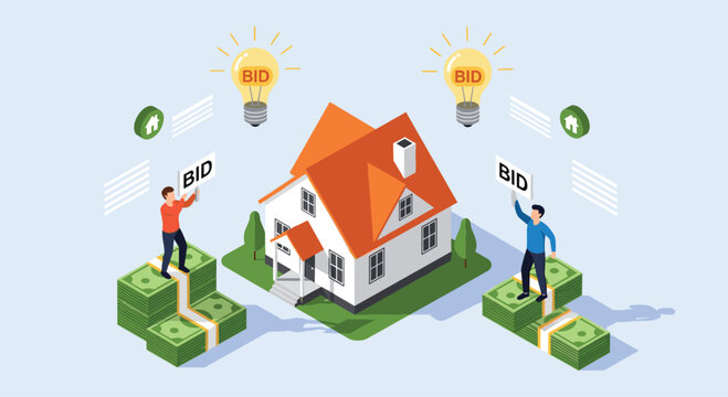 Real estate auction concept showing two men standing on stacks of money and bidding on a modern residential house with glowing lightbulbs.
