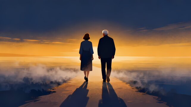 An illustration of a couple walking side by side on a path towards a bright sunset, symbolizing destiny and a shared journey.