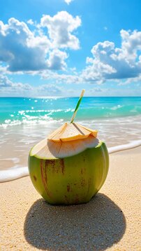 Refreshing Fresh Coconut Drink on a Pristine Tropical Beach with Turquoise Ocean and Sunny Sky