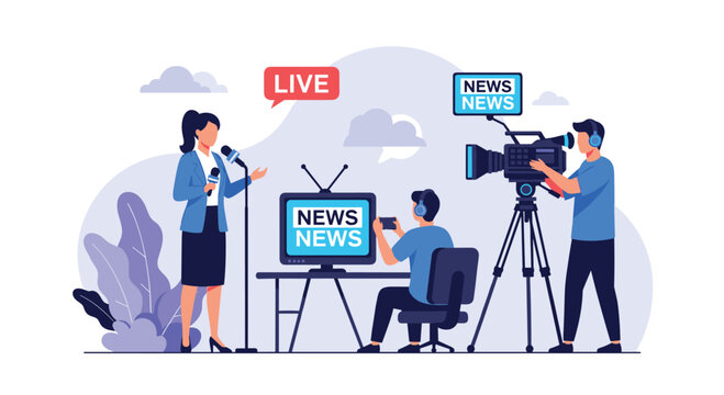 Television news production team broadcasting a live report from a studio with a reporter and professional camera crew.