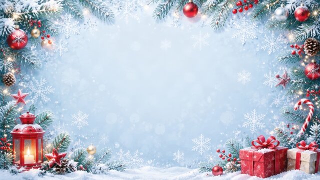 Festive christmas border with gifts ornaments and snow
