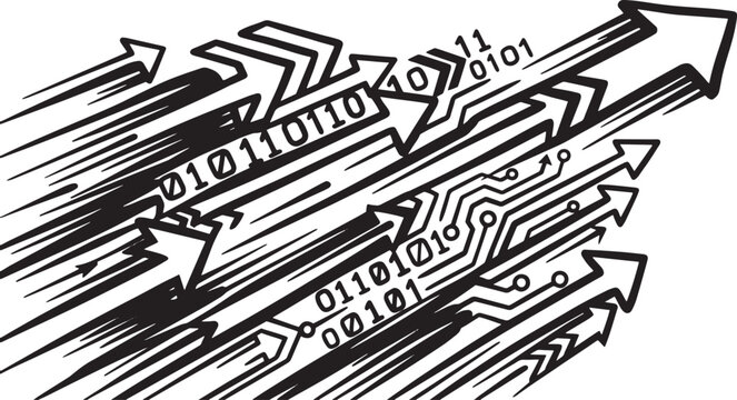 Arrows representing digital growth accelerate through binary code streams to highlight rapid technological advancement trends.
