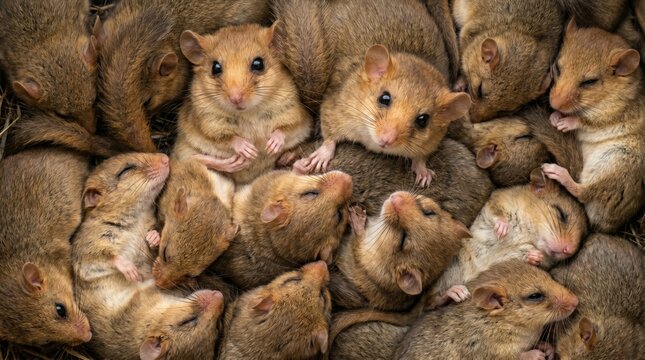 A large group of small brown dormice huddled together sleeping peacefully in a nest of dry grass and straw