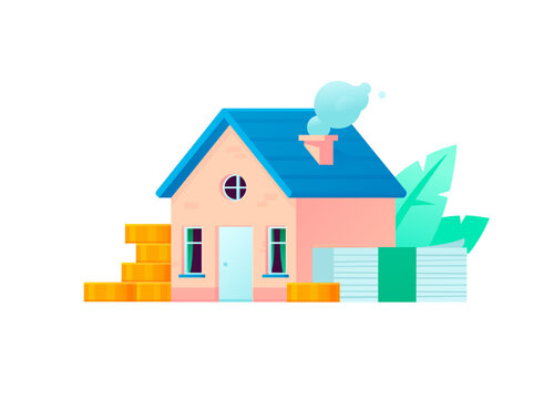 Real estate investment and property mortgage vector illustration. Small house with money cash stacks and gold coins. Home savings, buying house and banking loan concept.