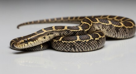 Fototapeta premium A close up studio shot of a beautiful checkered garter snake on a light gray background.