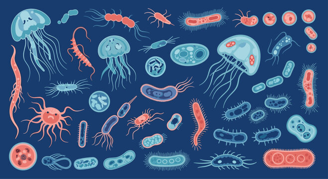Detailed set of diverse microorganisms, bacteria, viruses, and jellyfish shapes on a dark blue aquatic background.