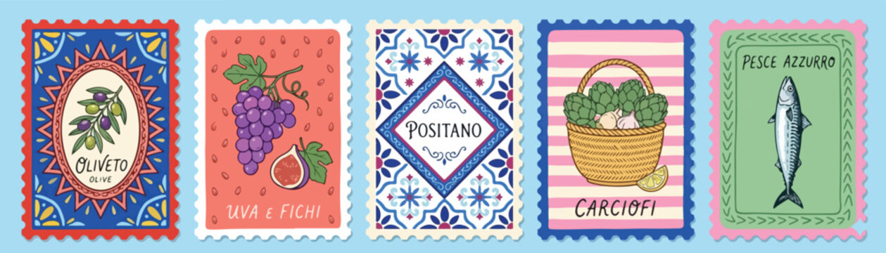 Set of Italian summer themed vertical card designs featuring fish, lemon, tomato, lobster, shell for Mediterranean travel postcard, poster or menu design vector illustration