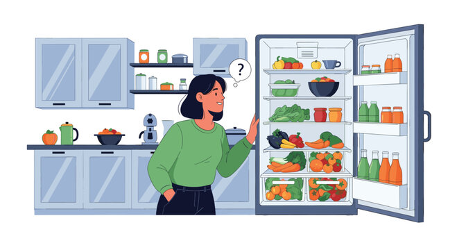 Young woman stands in kitchen looking into an open refrigerator filled with healthy food while deciding what to eat or cook for dinner.