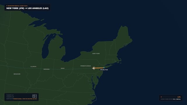 Animation map flight route from New York USA JFK to Los Angeles USA LAX for aviation and travel asset