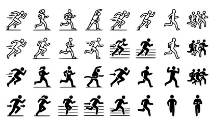 Naklejka premium Running Icons Vector Set in Stroke Line and Black Solid Style for Fitness and Sports Design