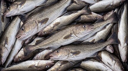 Obraz premium A large pile of fresh caught cod fish with mottled grey and white skin and dark fins fresh fish seafood