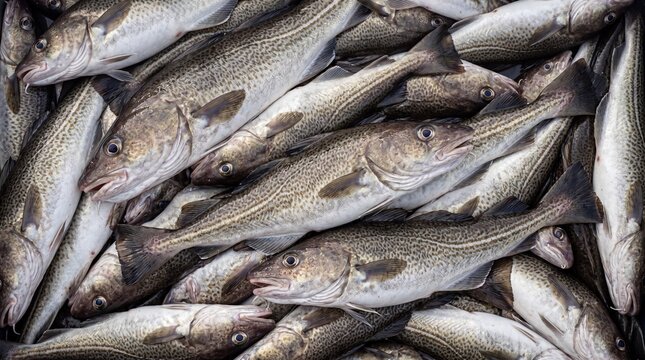 A large pile of fresh caught cod fish with mottled grey and white skin and dark fins fresh fish seafood