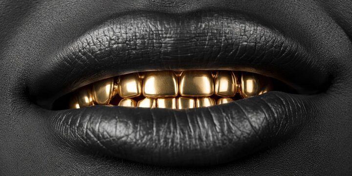 Close-up of a smiling mouth with black lipstick and gold teeth grills