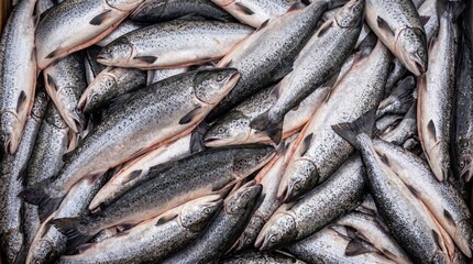 Obraz premium A large pile of fresh silver salmon fish with dark spots and pinkish bellies filling the frame seafood