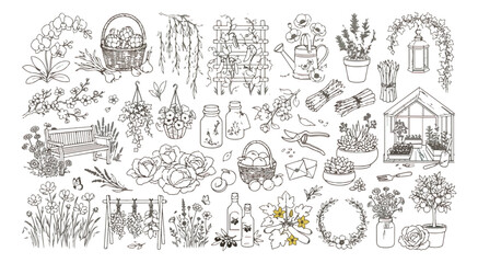 Obraz premium Vintage garden line art collection, hand drawn botanical elements and gardening tools vector set, rustic floral illustrations for wedding stationery