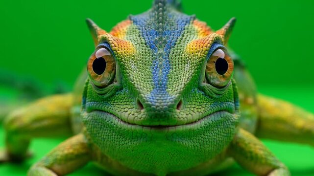 Close up of a colorful horned chameleon lizard with large eyes on a green screen background