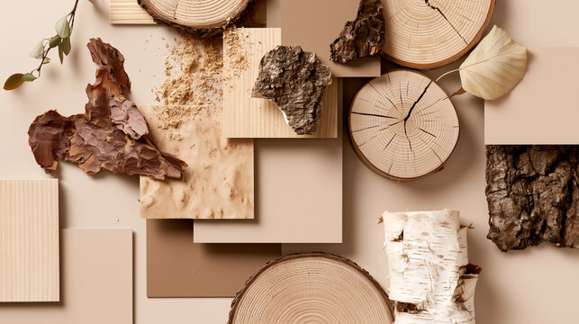 Luxury eco moodboard with wood slices, birch bark, pine veneer, sawdust, stone and eucalyptus on beige background. Premium sustainable material palette for furniture and interior design campaigns.