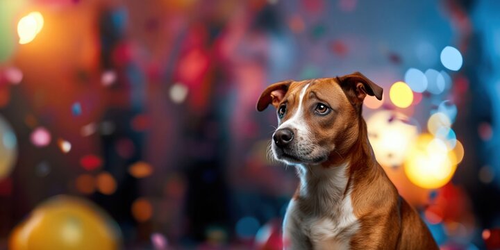 A lonely dog sits amidst a vibrant, blurred party scene with colorful bokeh lights