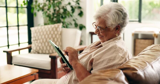Senior woman, tablet and scroll online in home with smile for communication, network and laugh with thinking. Old person, funny chat or happy reflection with digital tech and internet in retirement