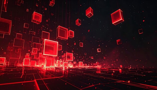 Neon Red Glowing Digital Squares Background.