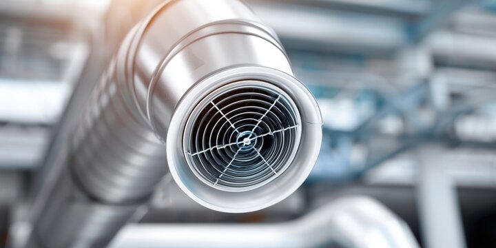 Close-up of a silver air vent pipe with a circular grille in a modern building interior