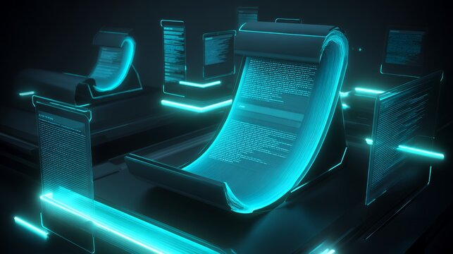 Futuristic glowing cyan curved digital screens displaying code in dark high-tech environment for sci-fi interface and data backgrounds.