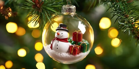 Obraz premium Festive clear bauble with snowman and gifts inside, hanging on a Christmas tree
