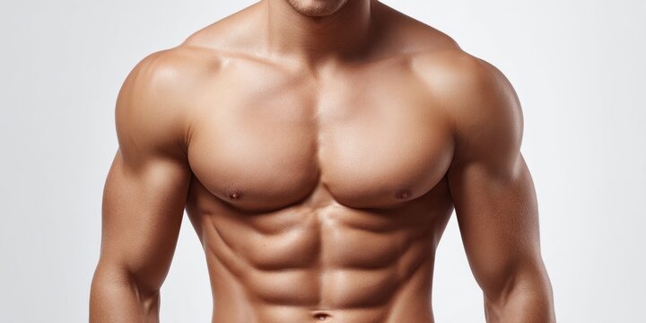 Close-up of a muscular male torso with well-defined abs and chest muscles