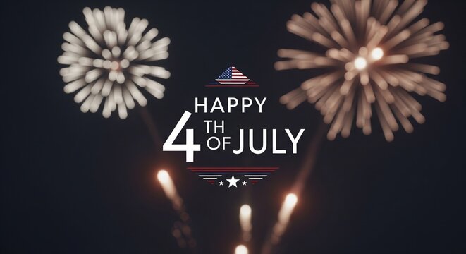 Happy 4th of July text graphic with abstract blurred fireworks exploding in the night sky, patriotic American holiday celebration concept, festive background with bokeh lights and star emblem.