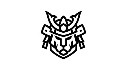 Fototapeta premium Black outline illustration of a stylized, fierce lion head with armor elements