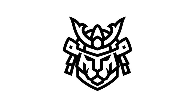 Black outline illustration of a stylized, fierce lion head with armor elements