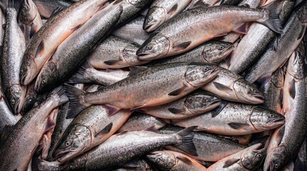 Obraz premium A large pile of freshly caught silver and pink salmon fish with detailed scales and fins filling the frame
