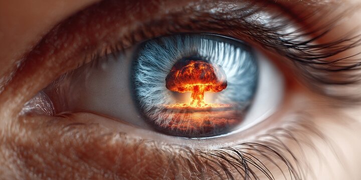 Close-up of a human eye reflecting a powerful nuclear explosion in its iris