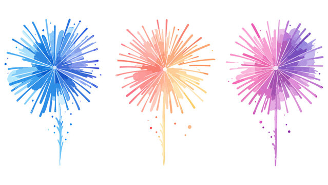 Watercolor fireworks set in pink blue and yellow for festive summer design