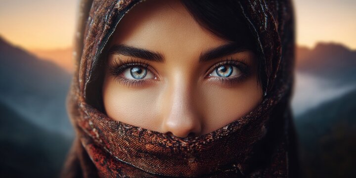 Close-up portrait of a beautiful Middle Eastern woman with striking blue eyes wearing a niqab