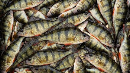 Obraz premium A large pile of freshly caught yellow perch fish with dark vertical stripes and orange fins