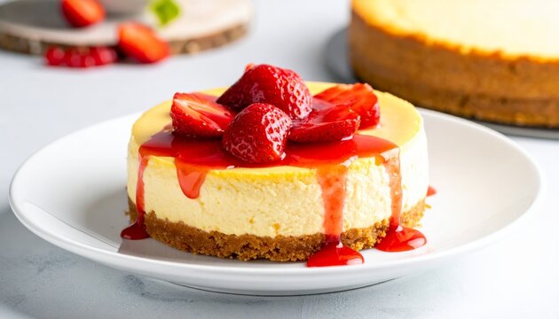 Decadent New York Cheesecake Crowned with Glossy Strawberry Topping and Rich Red Sauce, Ready to Indulge