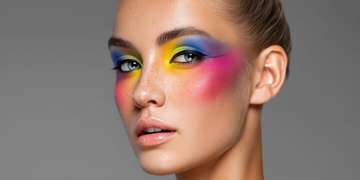 Vibrant and artistic makeup application on a young woman's face with bold colors