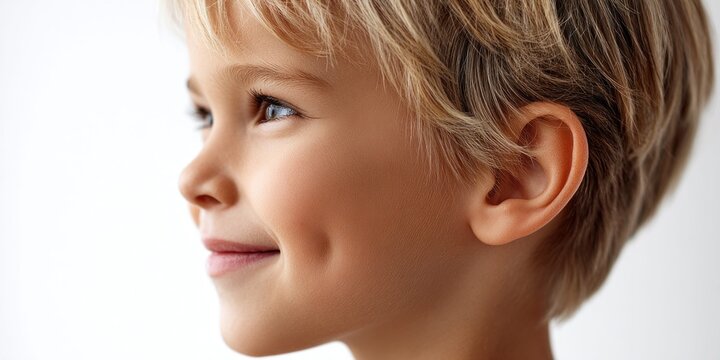 Close-up profile of a smiling young boy with short blond hair and a dimple