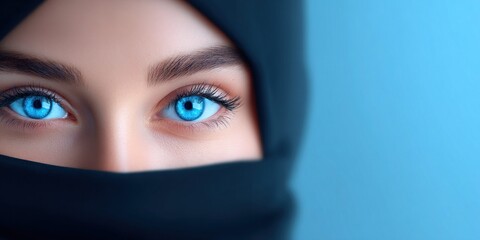 Fototapeta premium Extreme close-up of an Arab woman's striking blue eyes behind a black hijab
