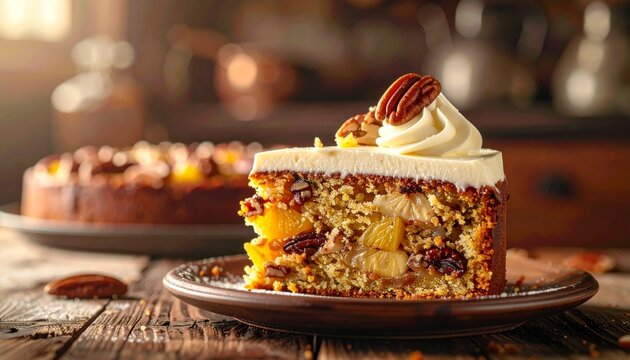 Decadent slice of Hummingbird cake dense with pineapple banana and pecans topped with cream frosting on a wooden table