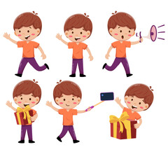 Fototapeta premium Cartoon Little Boy Character Poses and Actions Vector Set
