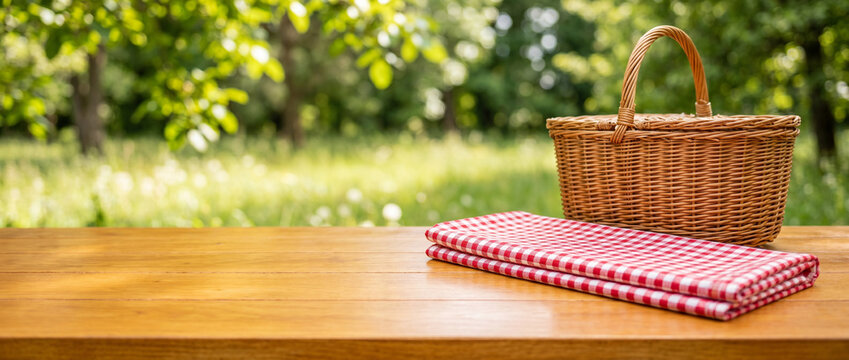 A wicker picnic basket alongside a folded red gingham cloth on a wooden table, set against a beautifully blurred background of a sunny green park.